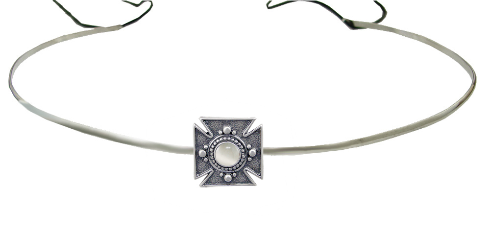 Sterling Silver Renaissance Style Medieval Cross Headpiece Circlet Tiara With White Moonstone